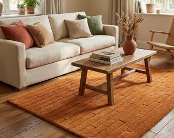 Modern Terracotta Tufted Area Rug | Minimalist Geometric Textured Carpet | Home Decor | Soft Handmade Floor Rug for Living Room & Bedroom.