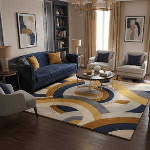 May include: A living room scene featuring a navy blue sofa with yellow and patterned pillows, two armchairs, and a patterned rug with blue, yellow, and gray arcs. The room has a dark wood floor, neutral walls, and artwork.