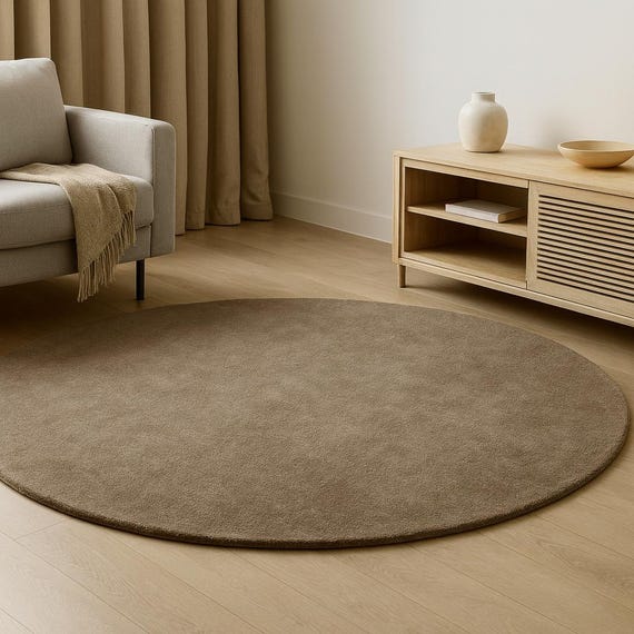 Handmade Round Tufted Area Rug – Solid Neutral Beige Carpet, Minimal Modern Floor Rug for Living Room, Bedroom & Home Decor