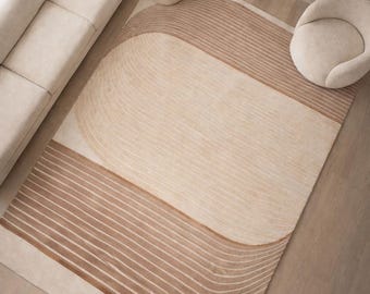 Modern Abstract Tufted Rug, Neutral Beige & Brown Area Rug, Minimalist Luxury Handmade Carpet, Contemporary Wave Design Floor Rug