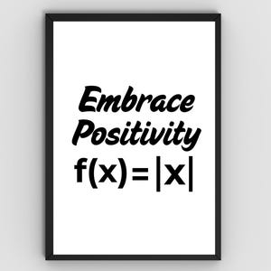 May include: A framed print with the words "Embrace Positivity" in a bold, black font. Below the text is the mathematical equation f(x) = |x|. The phrase "FRAME NOT INCLUDED • DIGITAL DOWNLOAD" is at the bottom.