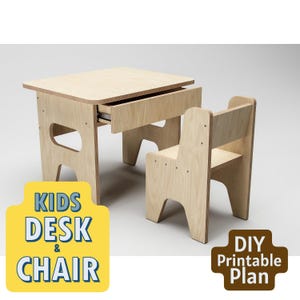 May include: A light-colored wooden desk and chair set for kids. The desk has a drawer and the chair has a backrest. The image includes text that says "KIDS DESK & CHAIR" and "DIY Printable Plan".