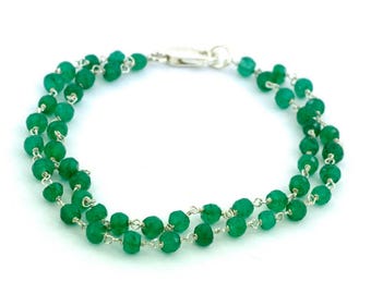 3mm-4mm Two Row Natural Earthmined Emerald Gemstone Bracelet In Sterling Silver Wire- Sparkly Gift for Her