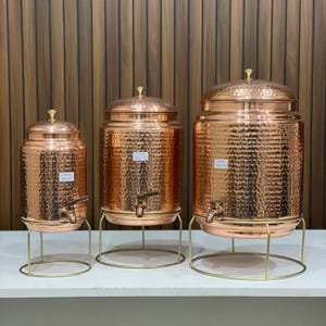 5L/10L/18L Hand Hammered Pure Copper Water Dispenser – Solid Metal Tap, Removable Stand