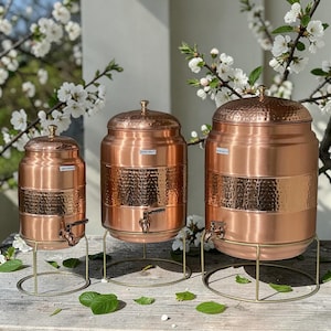 Pure Copper Water Dispenser with Brass Tap, Hand Hammered Design. 5L/10L/18L Capacities.
