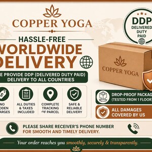 May include: A promotional image for Copper Yoga, featuring a cardboard box with the company logo and text about worldwide delivery. The image highlights features like drop-proof packaging and all damages covered.