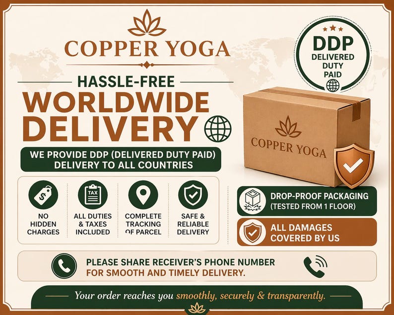 May include: A promotional image for Copper Yoga, featuring a cardboard box with the company logo and text about worldwide delivery. The image highlights features like drop-proof packaging and all damages covered.