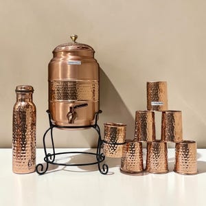 Pure Copper Water Dispenser with Brass Tap, Hand Hammered Design. 5L/10L/18L Capacities.