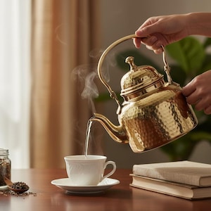 May include: A gold-colored teapot with a textured surface is pouring hot water into a white teacup. A small glass jar with a wooden spoon and a saucer with a teacup are on a wooden table. A stack of books is also on the table.