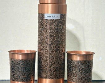 Botella y vasos grabados de cobre 100% puro. Botella de 1 litro - Vaso de 250 ml.