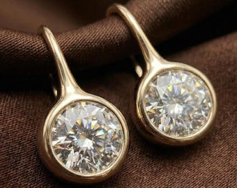 Moissanite Drop Earrings, 14K Yellow Gold Bezel Set, Anniversary Gift