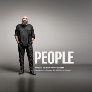 May include: A person with a beard, wearing a black top and black trousers, stands with hands in pockets against a grey background. The word "PEOPLE" is displayed in large white letters, with the text "Neutral Human Photo Assets" and "Designed for Layout, UI & Editorial Space" below.