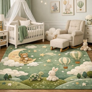 Moonlit Meadow Kids Play Wool Whimsical Sky & Animals Nursery Area Rug | Hot Air Balloon Fantasy Kids Cozy Night Garden Hand-Tufted Rug