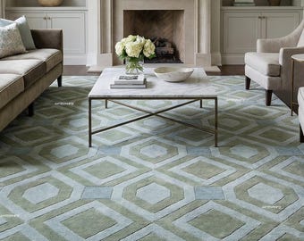 Zeitgenössischer Bodenteppich aus Wolle mit Diamant-Motiv | Eleganter handgetufteter weicher grüner Wohnzimmerteppich | Luxus Handgetufteter Pastell Grüner Designer Teppich