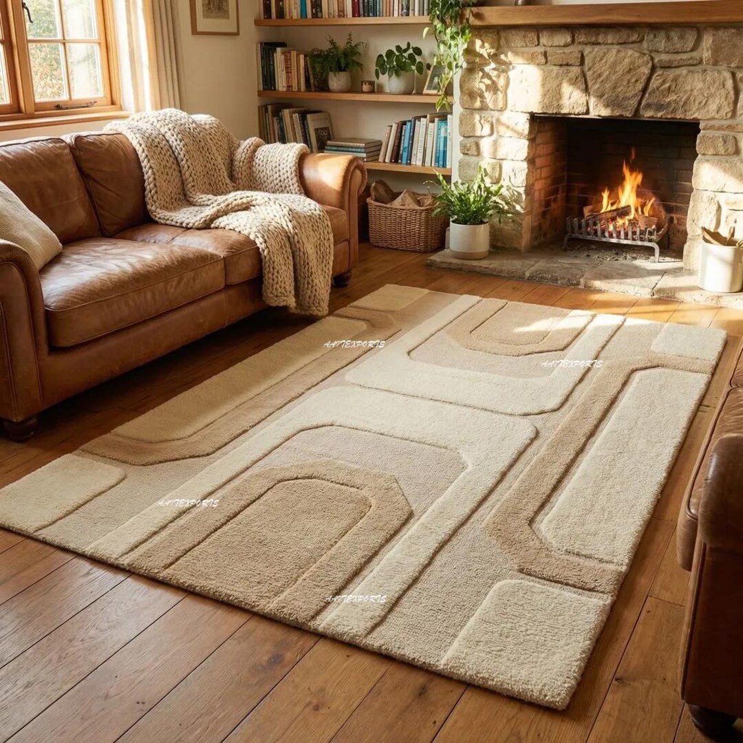 Raised Pattern Rugs Minimalist Textured Hand-tufted Living Room Rug| Wool Rug With Raised ...