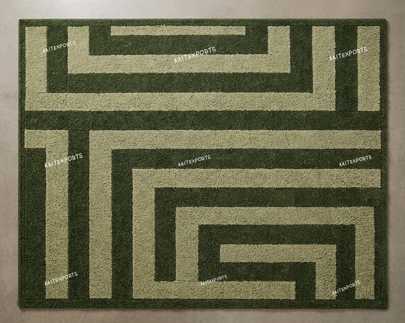 Hand-tufted Wool Rug | Geometric Maze Pattern, Olive Green, Modern ...