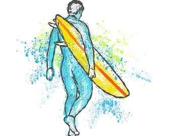 Surfing Art Print - Block Print Illustration