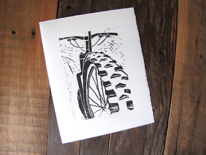 Mountain Bike Art Black Linocut Relief Print image 2