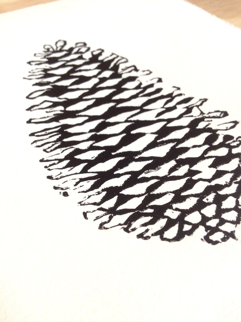 Black Botanical Nature Print Linocut Pinecone Print image 2