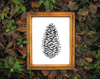 Black Nature Print - Linocut Forest Pinecone Print