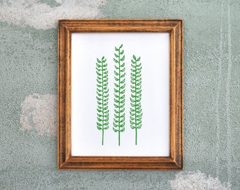 Forest Fern Green Linocut Block Print Botanical Decor