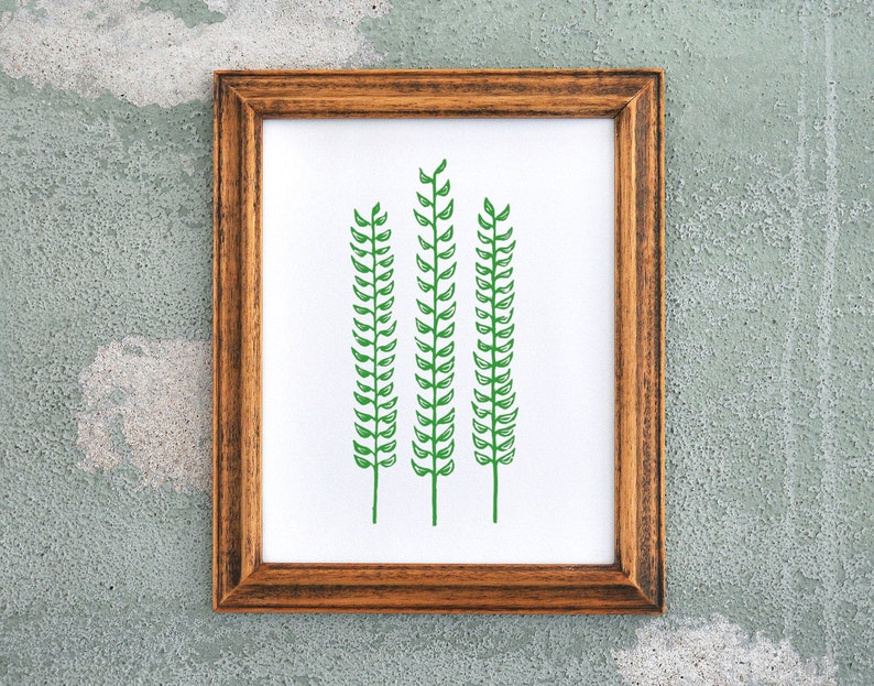 Forest Fern Green Linocut Block Print Botanical Decor image 1