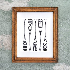 Canoe Paddles Print - Linocut Wall Art Outdoors Nature