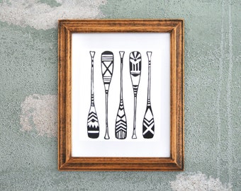 Canoe Paddles Print - Linocut Wall Art Outdoors Nature