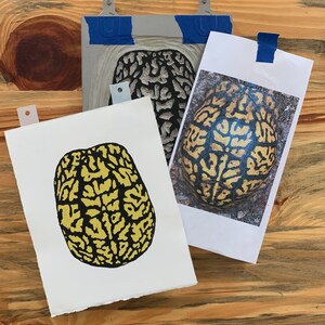 Carapace de tortue jaune et noir imprimé fait main linogravure impression bloc image 5