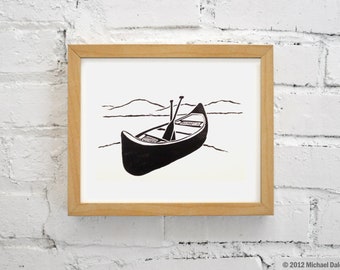 Canoe Handmade Print - Lake River Mountains