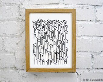 Urban Architecture Downtown Linocut Relief Print