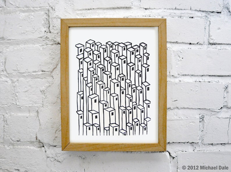 Urban Architecture Downtown Linocut Relief Print image 1