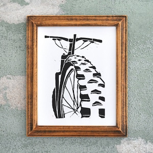 Mountain Bike Art - Black Linocut Relief Print