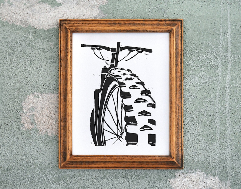 Mountain Bike Art Black Linocut Relief Print image 1