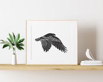 Hawk Linocut Print - Falconry Bird Red Tailed Hawk