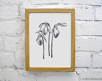 Botanical Print with Black Ladyslipper Linocut Art