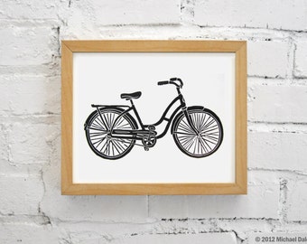 Bike Print Vintage Bicycle Bike - Linocut Printmaking Relief Print