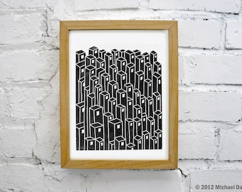 Urban Architecture Black and White Downtown Linocut Relief Print