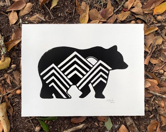 Bear Print - Mountain Bear Handmade Art Block Print