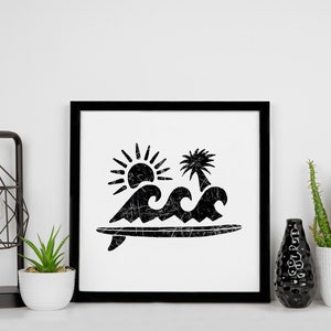 Surfboard Beach and Sun Art Print - Surfer, Beach, Coastal, Waves, Palm, Sunshine