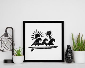 Surfboard Beach and Sun Art Print - Surfer, Beach, Coastal, Waves, Palm, Sunshine