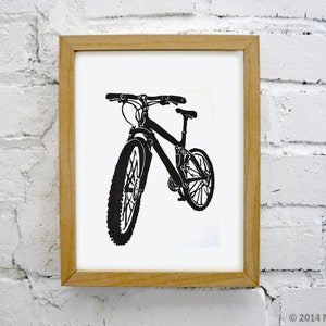 Mountain Bike Linocut Print - Handmade Printmaking Bicycle Lino Print