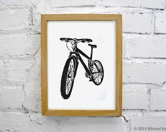 Mountain Bike Linocut Print - Handmade Printmaking Bicycle Lino Print