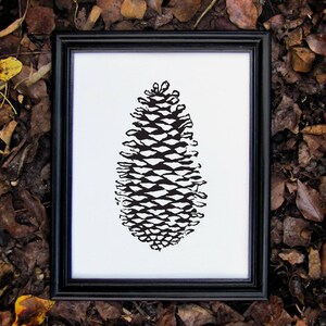 Black Botanical Nature Print Linocut Pinecone Print image 1