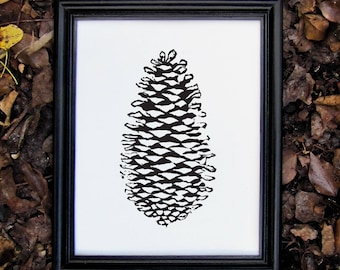 Black Botanical Nature Print - Linocut Pinecone Print