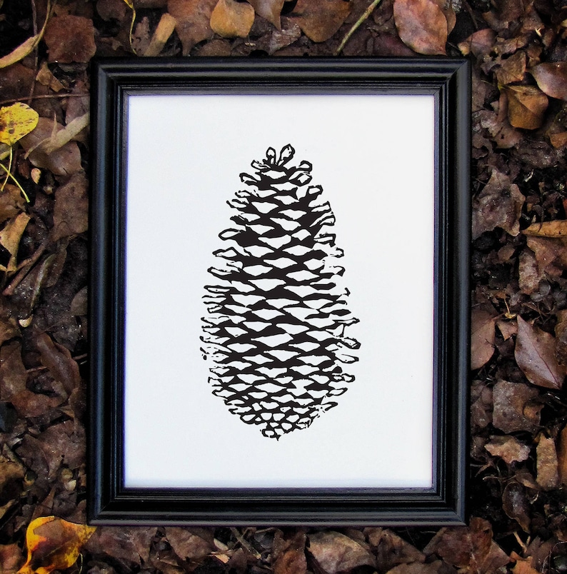 Black Botanical Nature Print Linocut Pinecone Print image 1