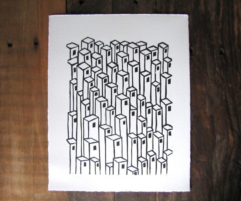 Urban Architecture Downtown Linocut Relief Print image 2