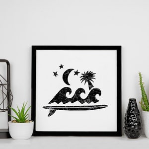 Surfboard Ocean and Moon Art Print - Surfer, Beach, Coastal, Waves, Palm