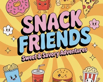 May include: A cartoon illustration featuring various snack foods with smiling faces, including a donut, fries, taco, pizza slice, burger, popcorn, and a soda. The text "SNACK FRIENDS Sweet & Savory Adventures" is displayed in a colorful, playful font against a yellow background.