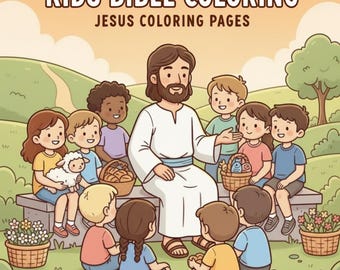 May include: Illustration of Jesus surrounded by children, with the text "KIDS BIBLE COLORING" and "JESUS COLORING PAGES" at the top. The image features a serene outdoor scene with a bench, baskets, and a lamb.